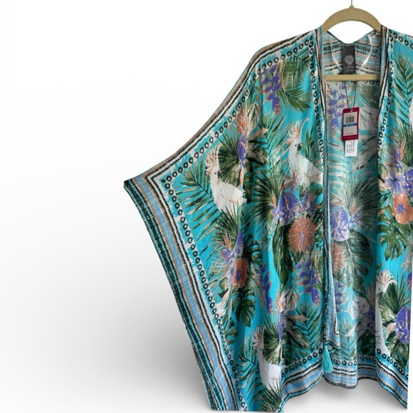 NWT Vince Camuto Kimono Boho Beach Coverup Tropical Resort Vacation Turquoise - Picture 3 of 8